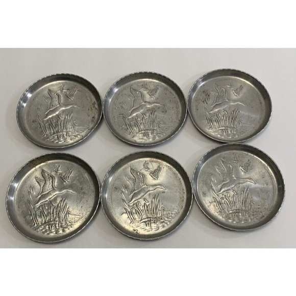 Dining Vintage Metal Hammered Aluminum Coaster Raised Embossed Geese Cattails Set Of 6 Poshmark